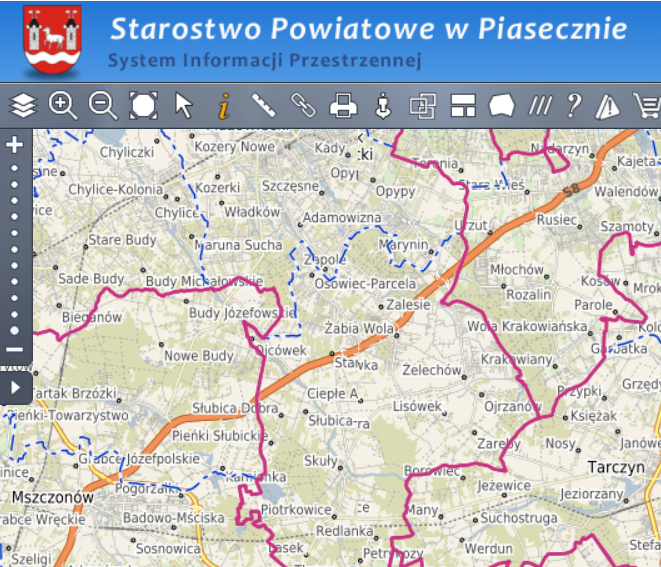 Wycinek mapy Systemu Informacji Przestrzennej w Piasecznie.